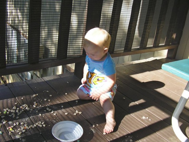 Someone spilled Lucky Charms all over the deck on Sunday morning, so Rhya picked out all the marshmellows