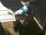 Rhya did not like to crawl on the rug to the deck, but she found an interesting loose piece