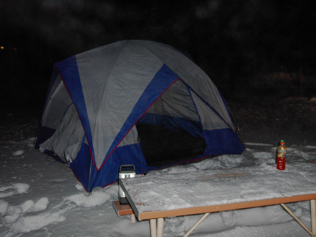 We found some flat snow where we could put the tent.  No need to worry about rocks poking us.