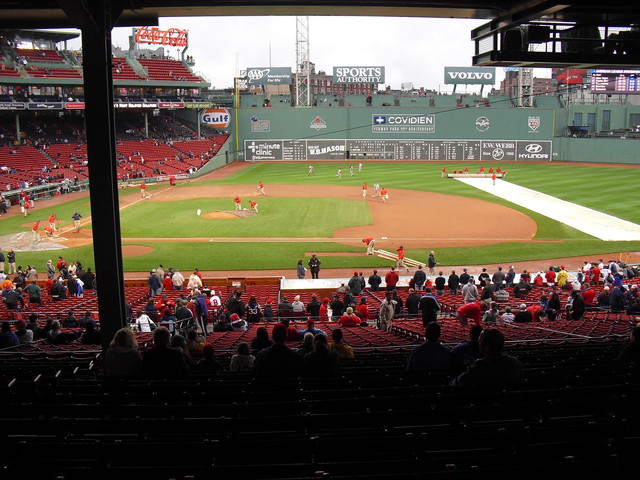 View of the green monster wall, frm the oldest seats in fenway