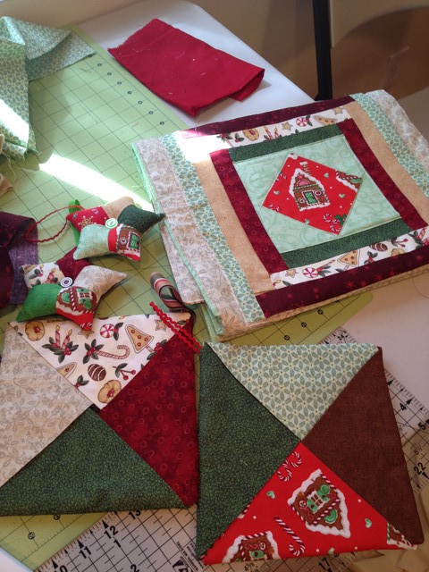 Christmas table runner, hotpads, and ornaments (a wedding present)